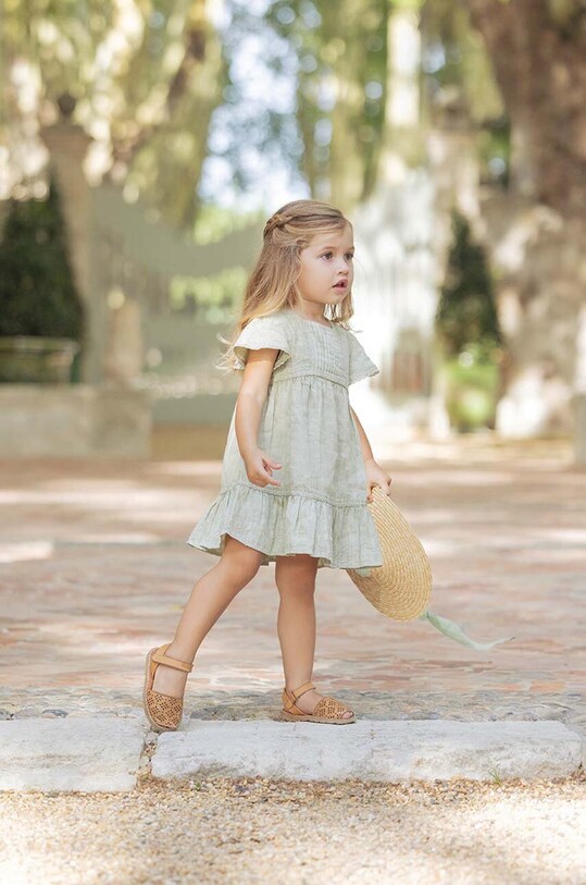 Βεφικό λινό φόρεμα Tartine et Chocolat στρογγυλό πράσινο TY30181.60.74