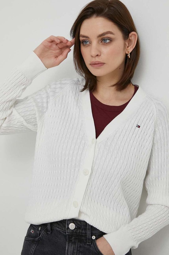 Bavlněný kardigan Tommy Hilfiger V výstřih bílá WW0WW40673