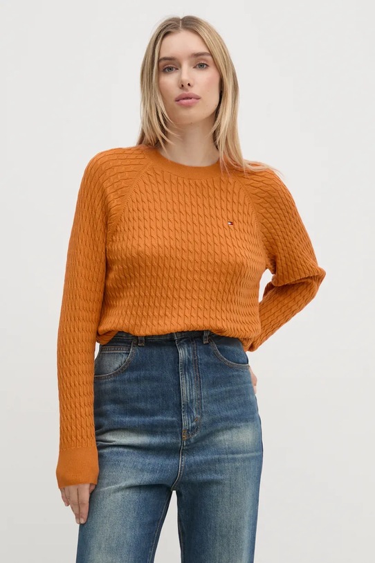 Bavlněný svetr Tommy Hilfiger kulatý oranžová WW0WW41142