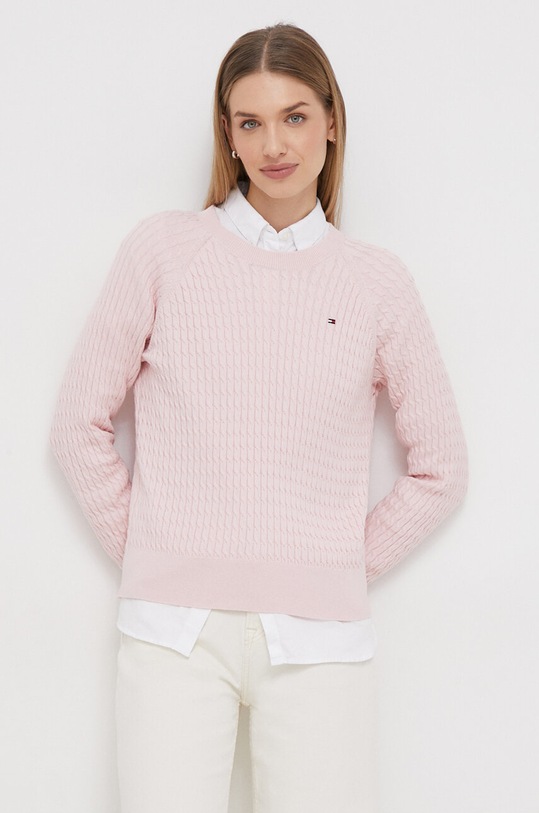 Bavlněný svetr Tommy Hilfiger kulatý růžová WW0WW41142