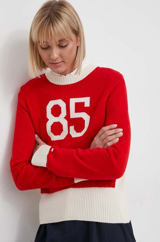 Svetr z vlněné směsi Tommy Hilfiger kulatý červená WW0WW40718