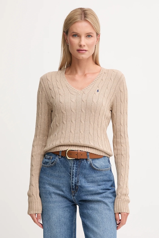 Bavlněný svetr Polo Ralph Lauren V výstřih béžová 211945652