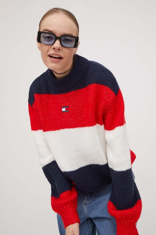 Tommy Jeans sweter z domieszką wełny półgolf granatowy DW0DW17495