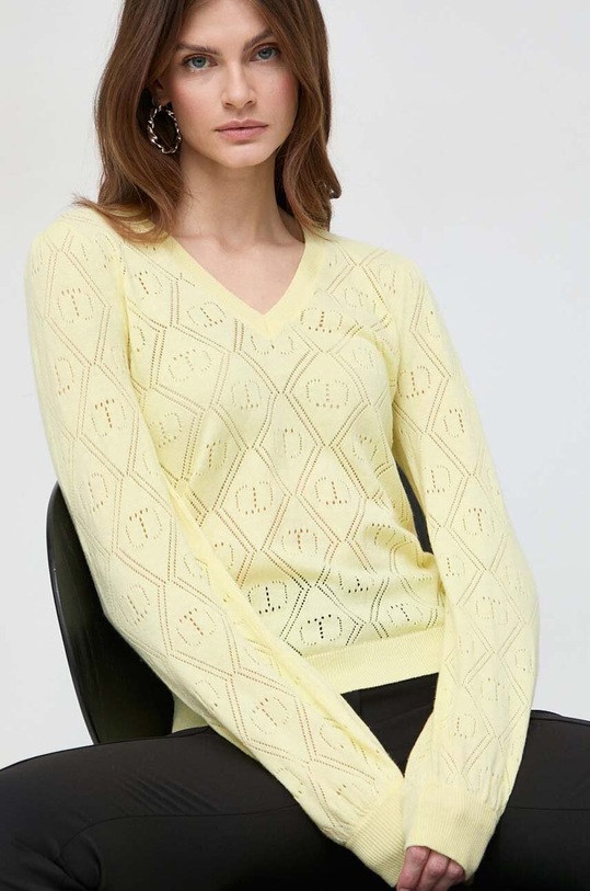 Twinset sweter z domieszką kaszmiru szpic żółty 241TP3074