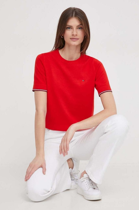 Bavlněný svetr Tommy Hilfiger kulatý červená WW0WW38724