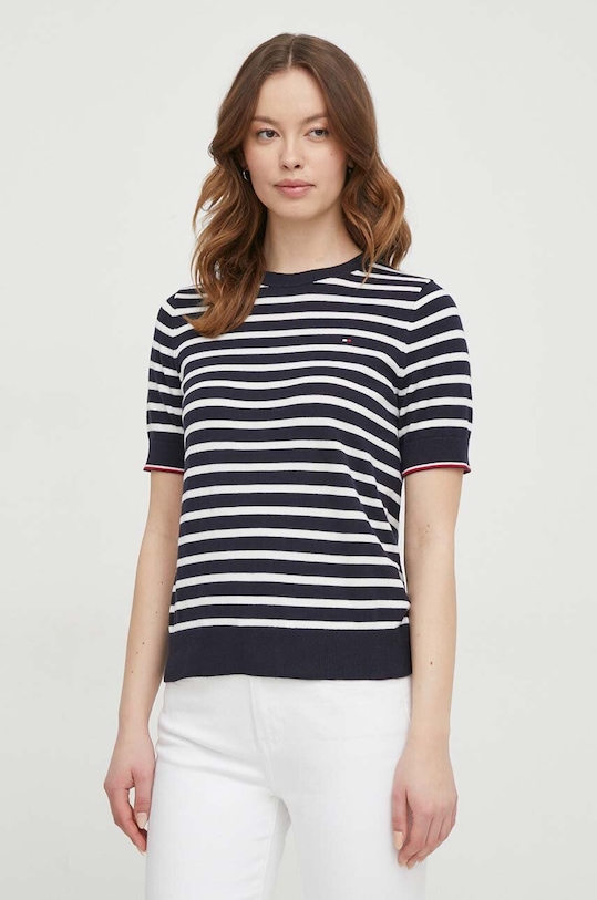 Bavlněný svetr Tommy Hilfiger kulatý námořnická modř WW0WW38724