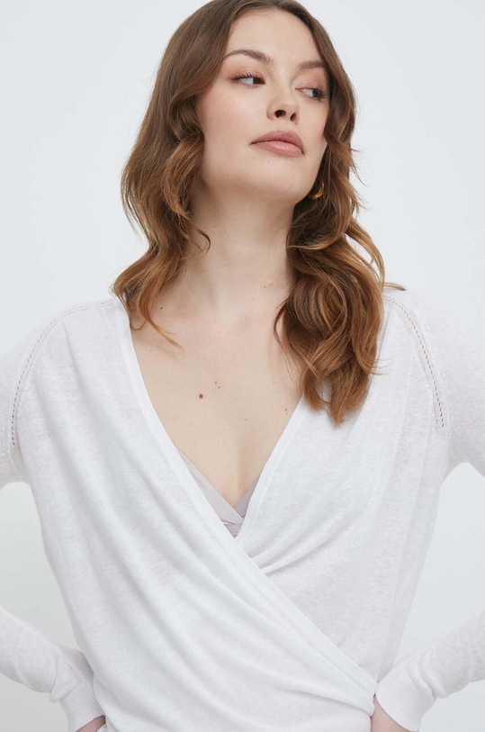 Ľanový kardigán Lauren Ralph Lauren 200706102 biela