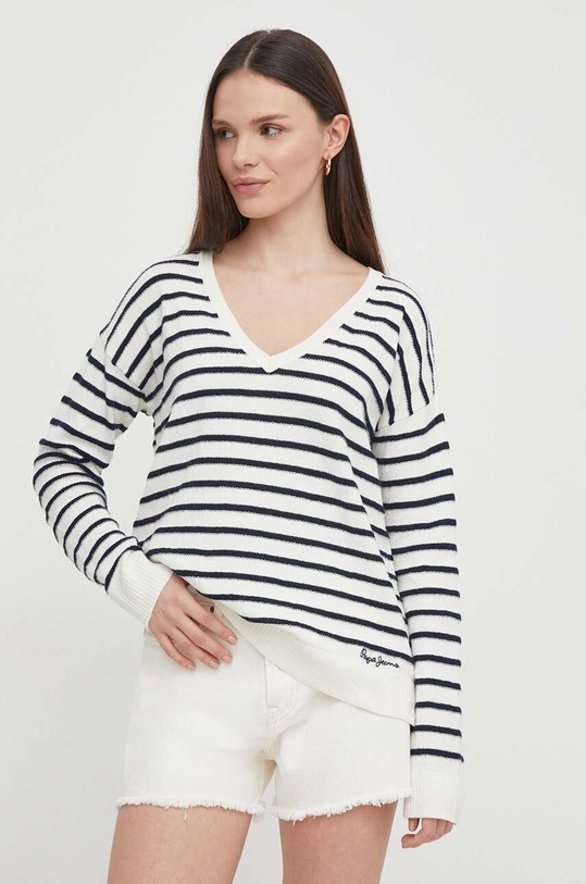 Svetr s příměsí lnu Pepe Jeans FRANCES V výstřih béžová PL702132