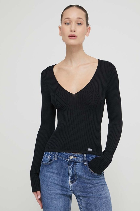 Bavlněný svetr Moschino Jeans V výstřih černá 0913.3706