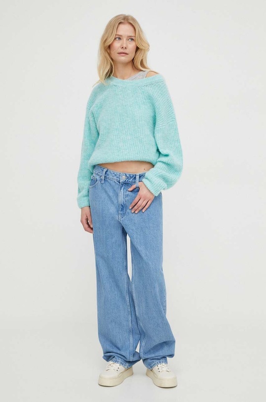 American Vintage sweter z domieszką wełny PULL ML COL ROND okrągły turkusowy EAST18FE24