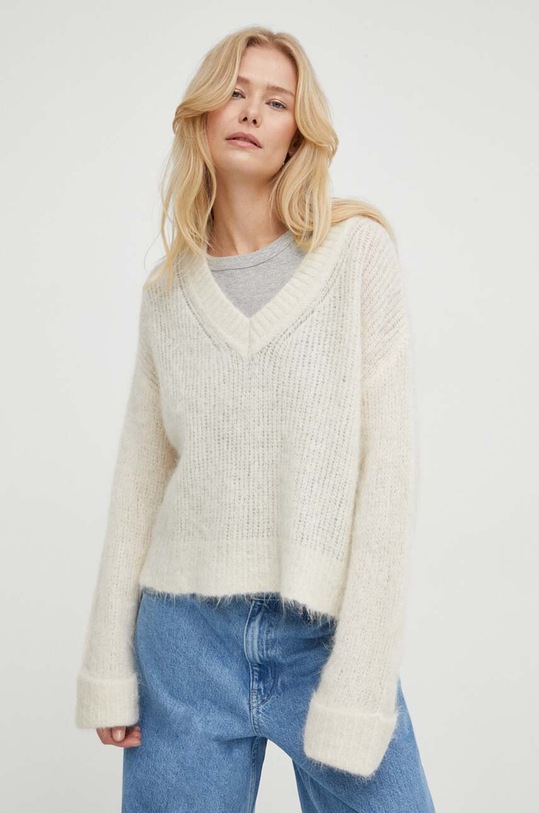 American Vintage sweter wełniany PULL ML COL V szpic beżowy BYM18AE24