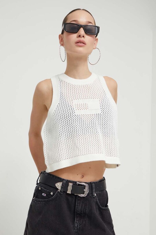 Bavlněná vesta Tommy Jeans kulatý béžová DW0DW18336