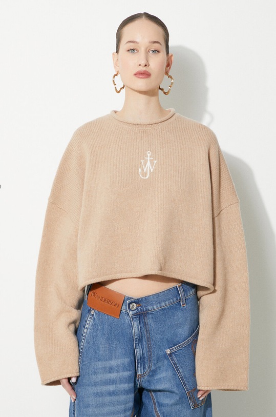 Вълнен пуловер JW Anderson Cropped Anchor Jumper изчистен бежов KW1121.YN0264.132