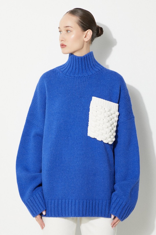 Vlněný svetr JW Anderson Textured Patch Pocket Turtleneck Jumper hladký modrá KW1150.YN0144.823