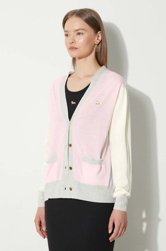 Maison Kitsuné kardigan wełniany Baby Fox Patch Regular Cardigan różowy MW00505KT1036