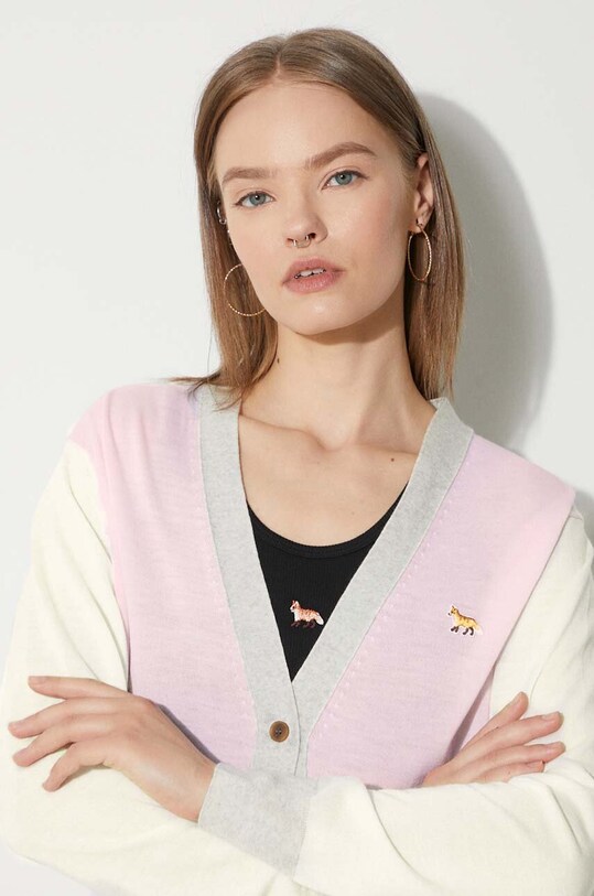 Maison Kitsuné kardigan wełniany Baby Fox Patch Regular Cardigan MW00505KT1036 różowy