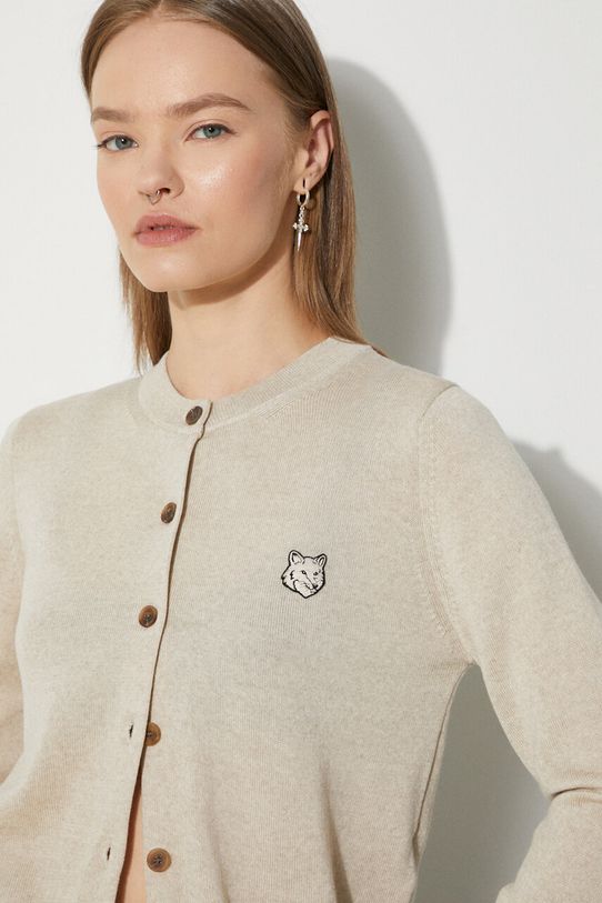 Vlněný svetr Maison Kitsuné Bold Fox Head Patch Regular Cardigan MW00508KT1036 béžová