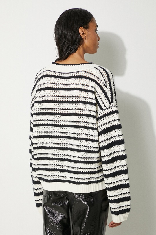 Bavlnený sveter GANNI Striped Cotton Pointelle V-neck K2239 biela SS24
