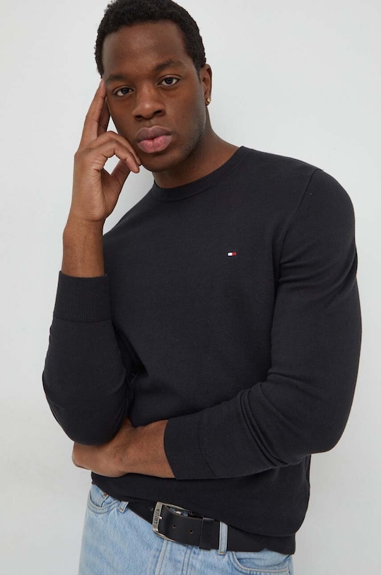 Bombažen pulover Tommy Hilfiger Tanka črna MW0MW32026