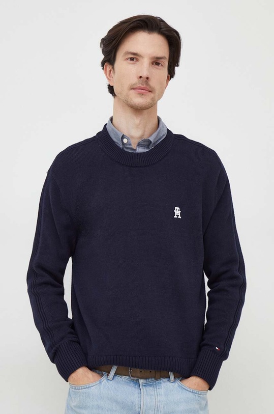 Bavlněný svetr Tommy Hilfiger kulatý námořnická modř MW0MW33505
