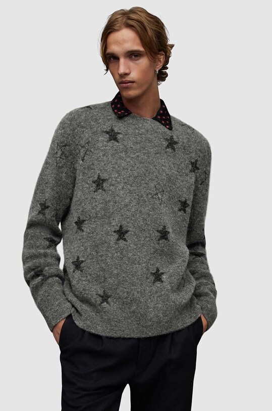 AllSaints sweter z wełną Odyssey okrągły szary MK141Z