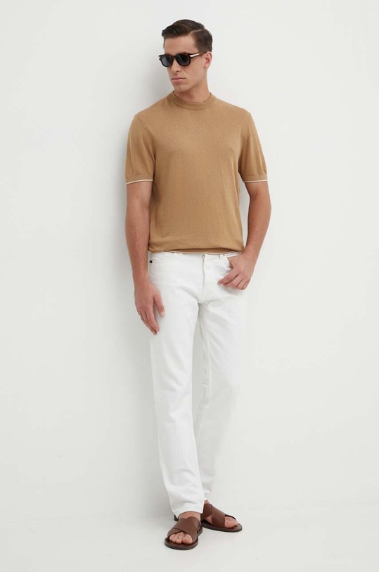 Ľanové tričko BOSS 50511757 béžová SS24