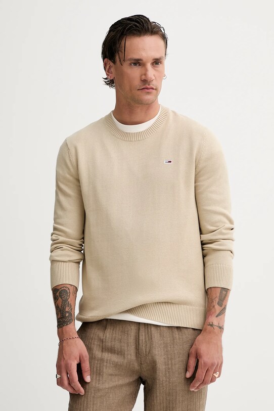 Tommy Jeans pulover de bumbac grosime medie bej DM0DM18895