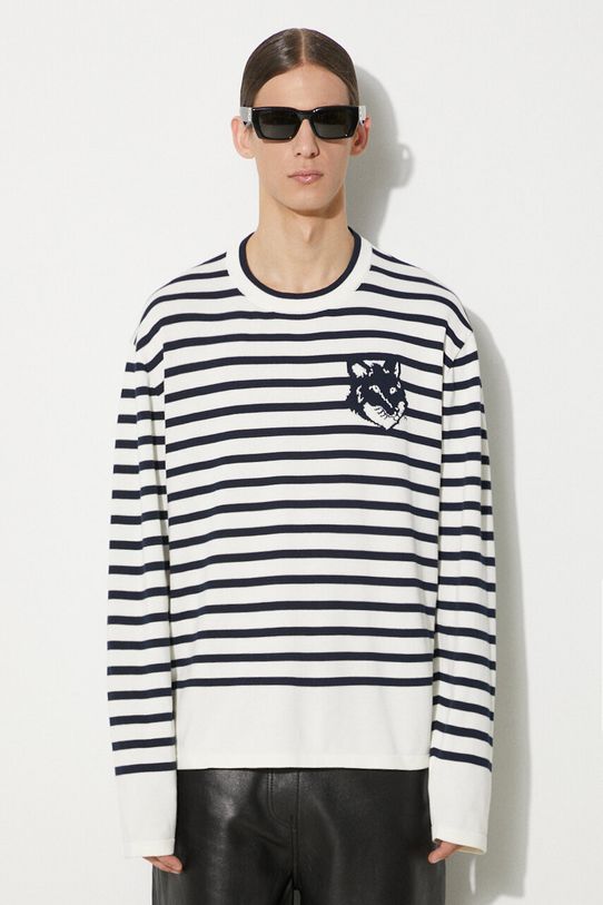 Maison Kitsuné pulover de bumbac Fox Head Intarsia Comfort Striped Jumper cu modele bleumarin MM00803KT1102