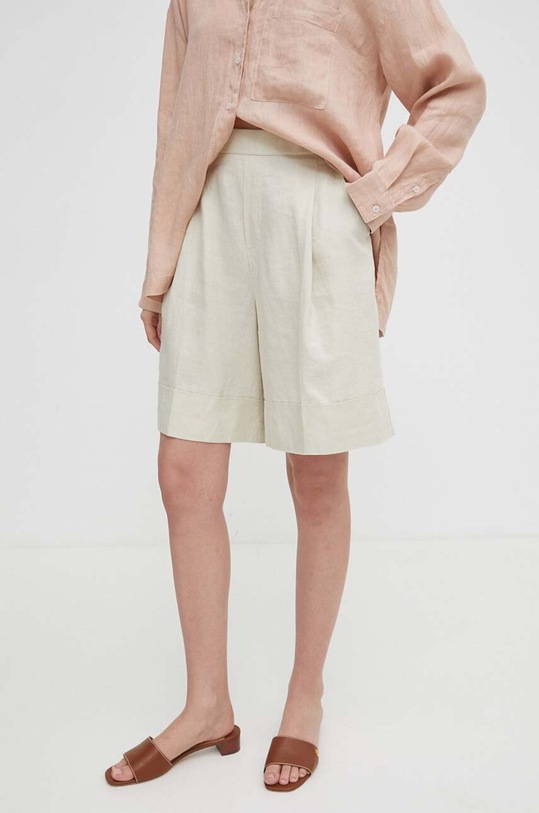 United Colors of Benetton szorty lniane tkanina beżowy 4AGHD900D