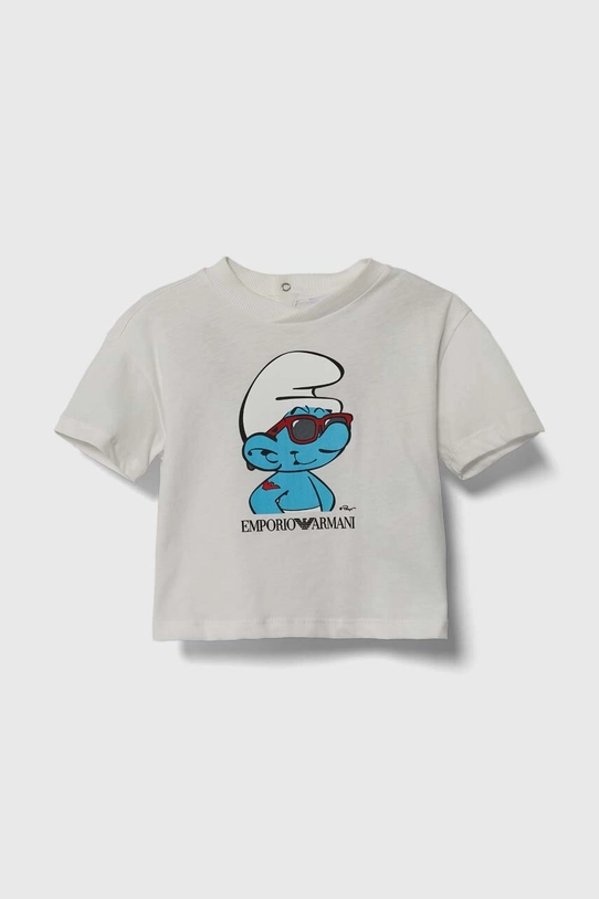 Emporio Armani t-shirt bawełniany niemowlęcy x The Smurfs nadruk beżowy 3DHTJN.3J52Z