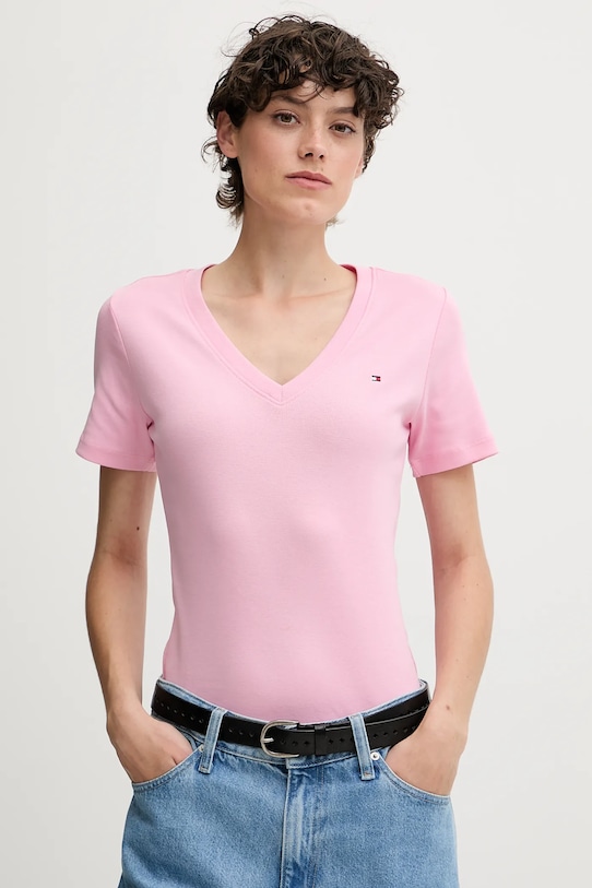 Βαμβακερό μπλουζάκι Tommy Hilfiger slim ροζ WW0WW40584