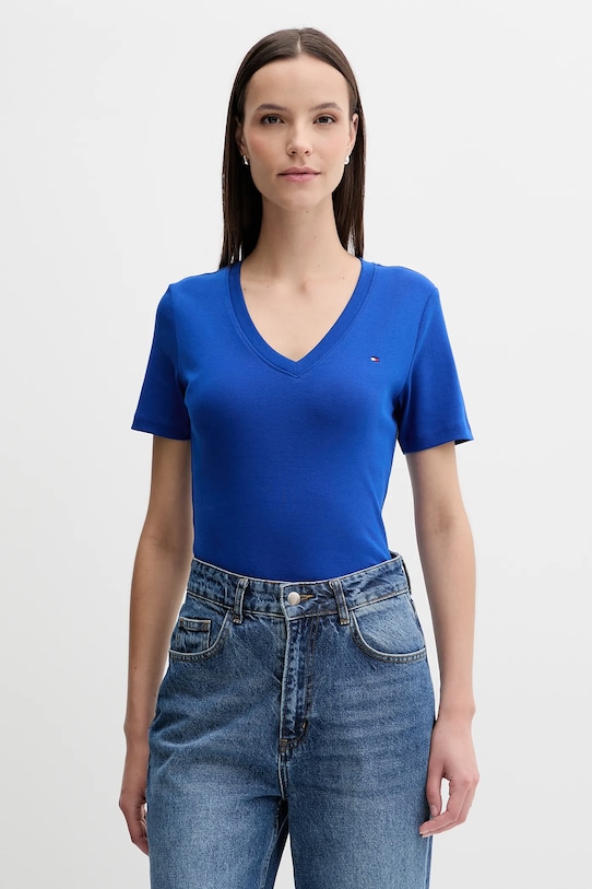 Bavlněné tričko Tommy Hilfiger hladký modrá WW0WW40584