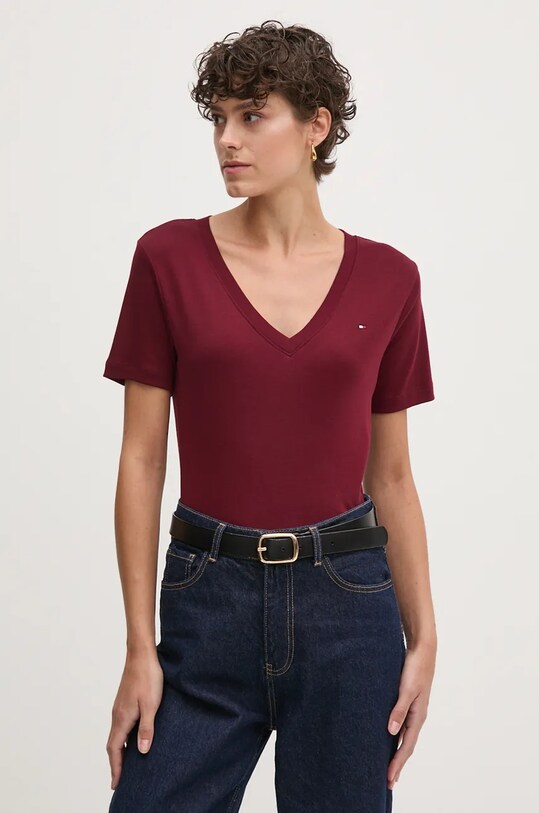 Bavlněné tričko Tommy Hilfiger hladký burgundské WW0WW40584