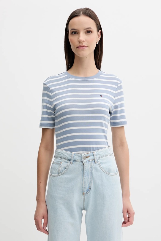 Bavlněné tričko Tommy Hilfiger hladký modrá WW0WW40587