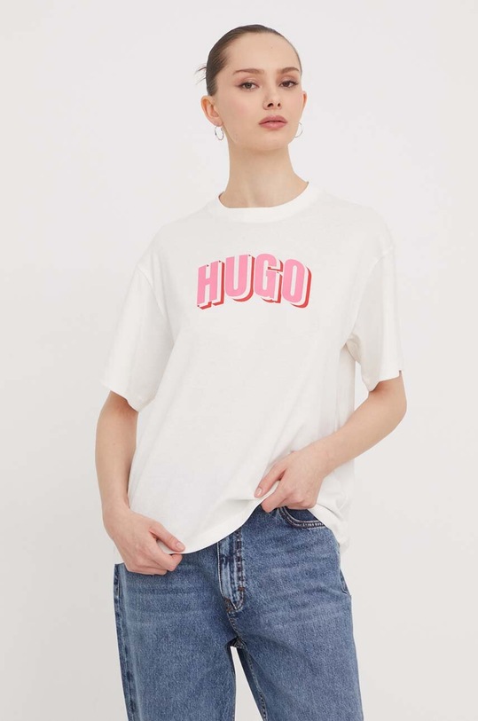 HUGO t-shirt bawełniany nadruk beżowy 50508717
