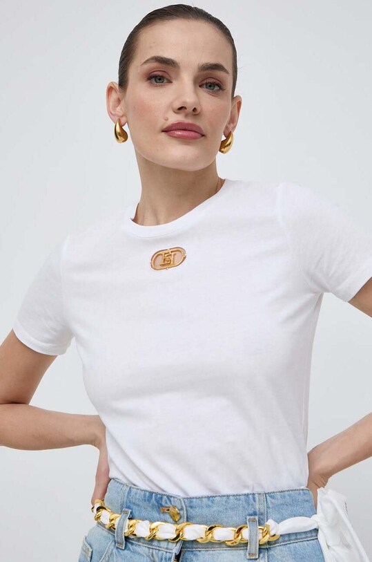 Elisabetta Franchi tricou din bumbac imprimeu alb MA52N41E2
