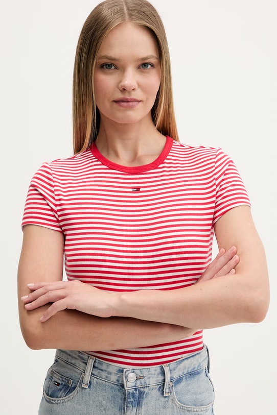 Tommy Jeans basic tričko dámské bavlněné s elastanem červená DW0DW17383