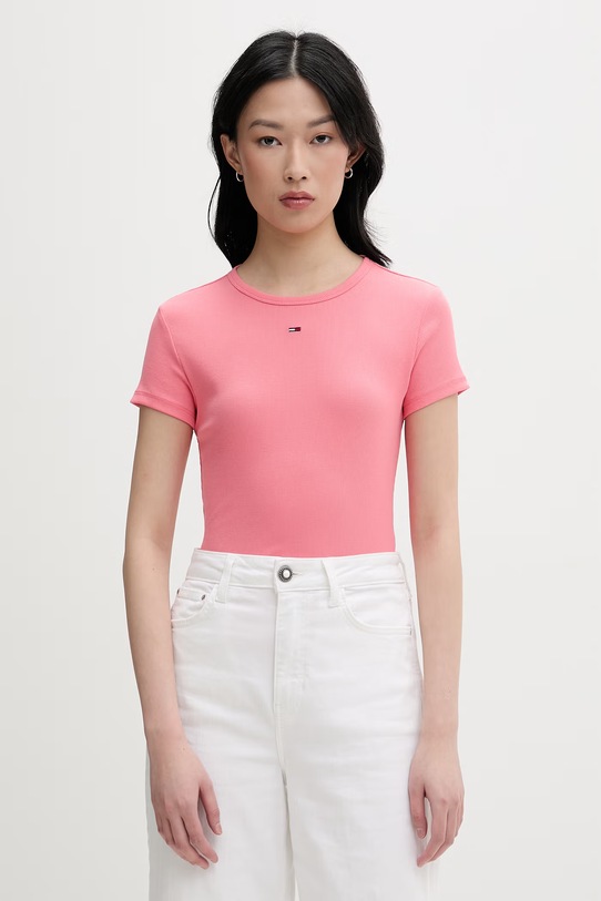 Tommy Jeans basic majica kratkih rukava ženska od pamuka s elastanom roza DW0DW17383