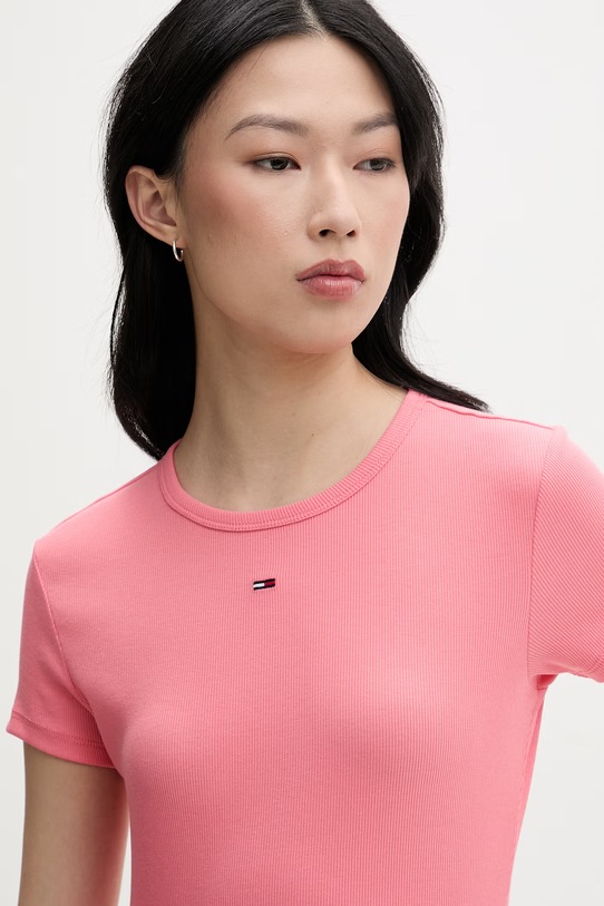 Tommy Jeans basic majica kratkih rukava ženska od pamuka s elastanom roza DW0DW17383