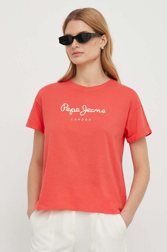 Βαμβακερό μπλουζάκι Pepe Jeans HELGA απλικέ κόκκινο PL505761