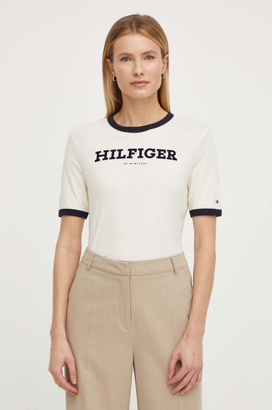 Βαμβακερό μπλουζάκι Tommy Hilfiger WW0WW41208 μπεζ SS24