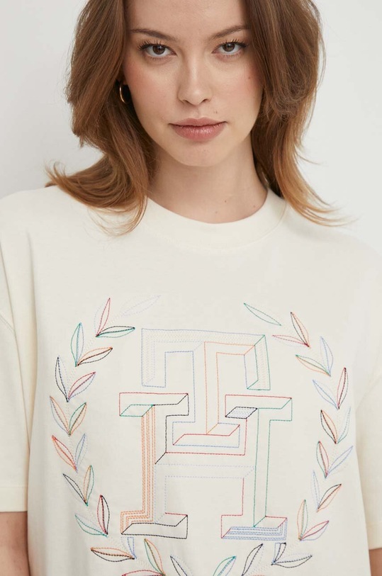 Bavlněné tričko Tommy Hilfiger kulatý béžová WW0WW41216