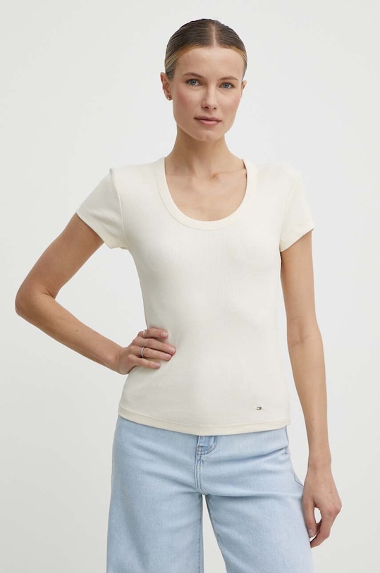 Tommy Hilfiger t-shirt z elastanem beżowy WW0WW41776