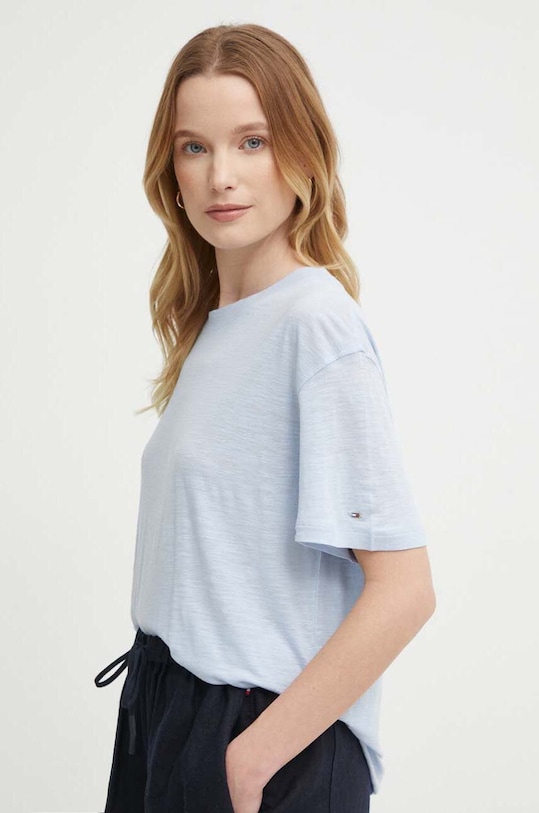 Tommy Hilfiger t-shirt z domieszką lnu okrągły niebieski WW0WW41196