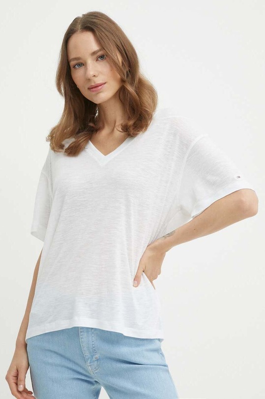 Tommy Hilfiger t-shirt z domieszką lnu szpic biały WW0WW41198