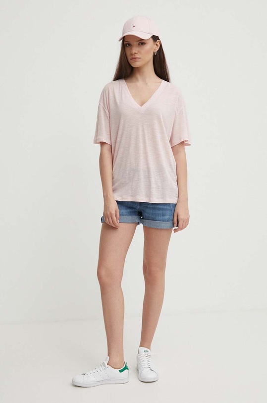 Tommy Hilfiger t-shirt z domieszką lnu WW0WW41198 różowy SS24