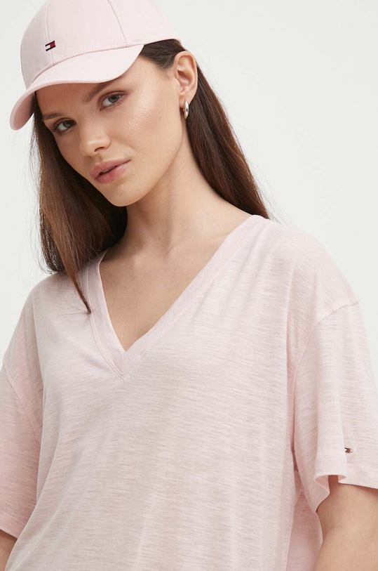 Tommy Hilfiger t-shirt z domieszką lnu różowy WW0WW41198