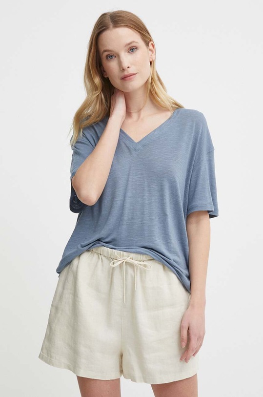 Tommy Hilfiger t-shirt z domieszką lnu szpic niebieski WW0WW41198