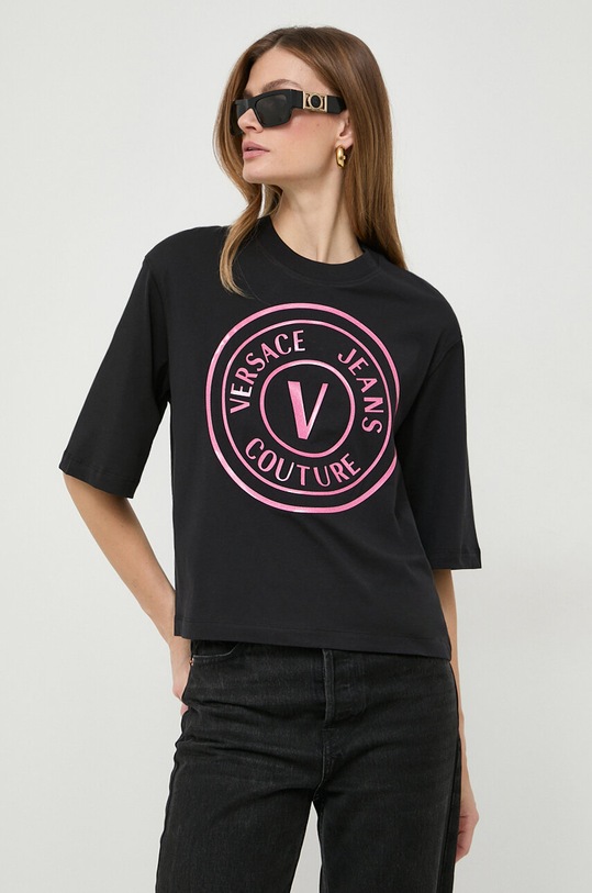 Bombažna kratka majica Versace Jeans Couture Okrogel črna 76HAHG05