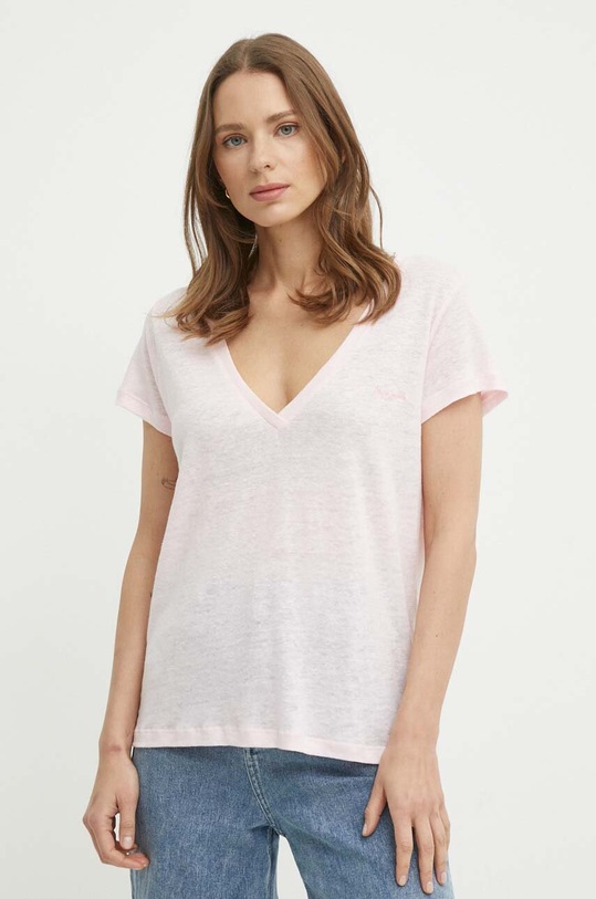 Pepe Jeans vászon póló LEIGHTON len rózsaszín PL505855